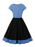Plaid and Black Patchwork Vintage Pleated Dresses Women Button Front Short Sleeve Summer Gingham Rockabilly Dress
