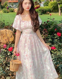 Summer Chiffon Floral Elegant Midi Casual Puff Sleeve Sweet Princess Vintage Lace Vacation Dress