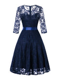 Elegant Lace Dress Women for Party Vintage Clothes 3/4 Length Sleeve Belted A-Line Ladies Swing Dresses