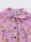 Lavender Bow Tie Neck Button Up Multicolor Print Midi Dresses Women Short Sleeve High Waist Vintage Slim Ruffle Dress