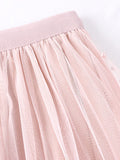 Faux Pearl Beaded Ruffle Midi Long Women Elastic High Waist Casual A Line Tulle Skirt