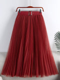 Elegant Long Women Tulle Pleated Skirt With Belt High Waist Solid Mesh Midi Skirt