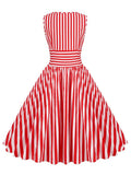 Red and White Striped High Waist Rockabilly Vintage Cotton Dresses Women O-Neck Sleeveless Pinup 50s Pleated Dress