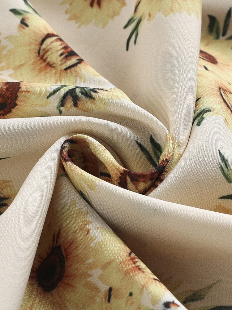Sunflower Print Vintage Spring Shirt Women Turn-Down Collar Button Up Long Sleeve Elegant Floral Midi Dresses