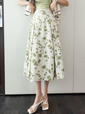 Ladies Elegant A-line Spring England Style Floral Print High Waist Women Long Party Skirt