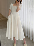 Summer New Women Elegant White Casual Solid Midi Dresses Office Lady A-Line Vestdios