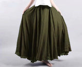 Cotton and Linen Elastic Waist Linen A-line Skirt Long Solid Color Ethnic Dress