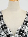 Red Plaid High Waist Tartan Vintage Half Sleeve Spring Dress Women V-Neck Elegant Party Rockabilly Cotton Midi Dresses