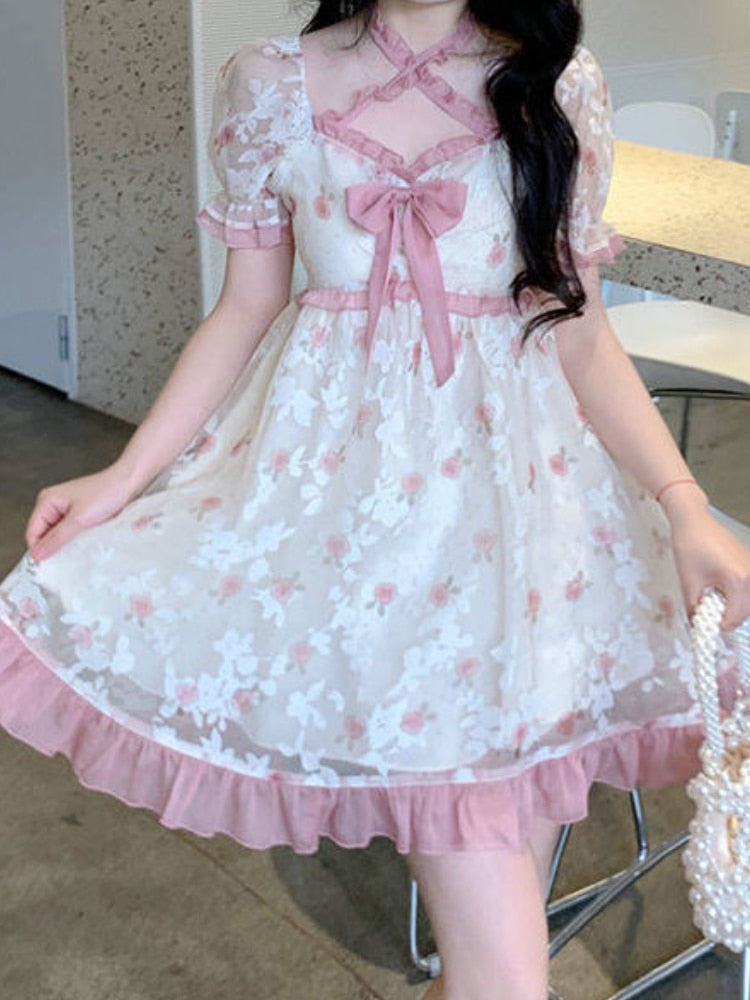Summer Print Bow Sweet Bandage Lace Fluffy Cute Party Mini Korean Puff Sleeve Fairy Dress