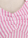 Pink and White Stripes Ruched Front High Waist Cotton Dresses Halter Neck Women Birthday Party Rockabilly Vintage Dress