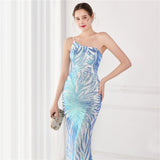 Women 2022 New Elegant One Shoulder Floor Length Evening Dress Sexy Mermaid Sequin Flower Party Maxi Dress Vestidos