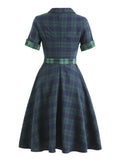 Blue and Green Plaid Vintage Women Button Up Shirt Dress with Belt Spring Cotton Elegant Ladies Midi Swing Dresses