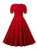 Keyhole Front High Waist Elegant Formal Occasion Dresses Short Sleeve Women Summer Vintage Solid Midi Swing Dress