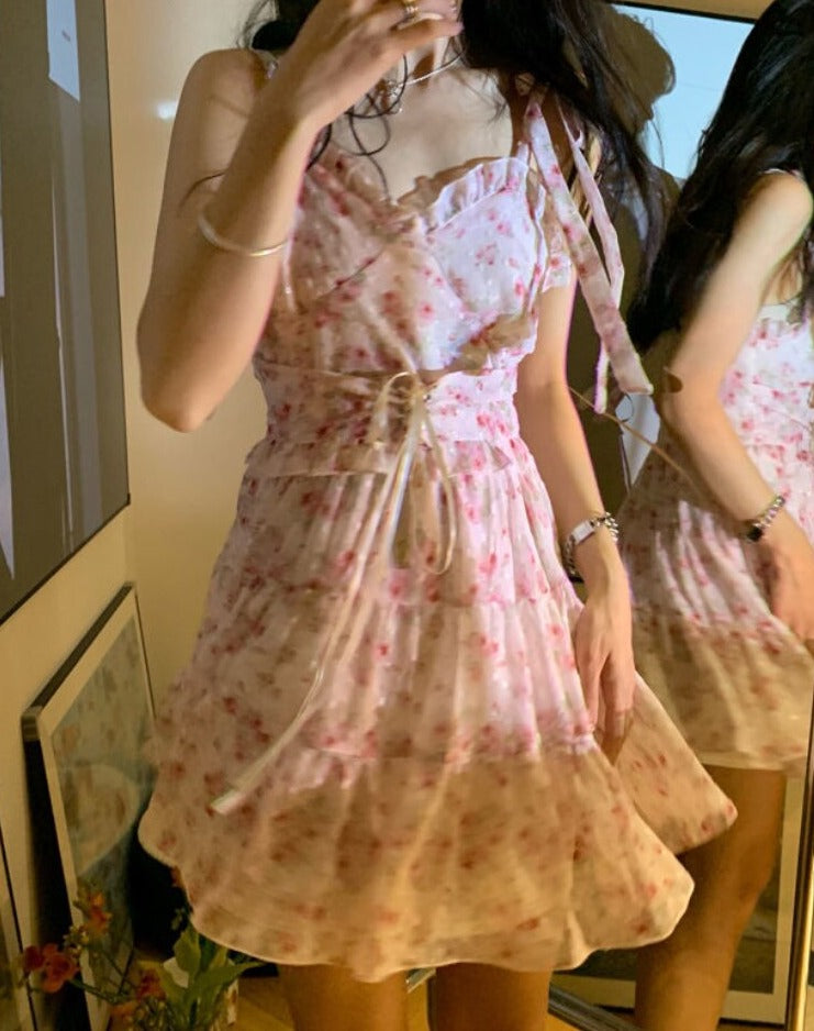 Summer Sashes Floral Fairy Mini Ruffle Flounce Fluffy Sweet Strap Korean Princess Dress