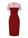 Swiss Dot Mesh Puff Sleeve Women Office Bodycon Pencil Dress Summer Elegant Knee-Length Ladies Vintage Red Dresses