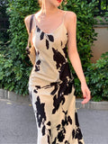 Summer Elegant Print Midi Spaghetti Strap Dress One Piece Bodycon Prom Party Robe Vestidos