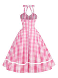 Sweetheart Halter Neck High Waist Backless Dresses Vacation Women Fit and Flare Rockabilly Vintage Plaid Pink Dress