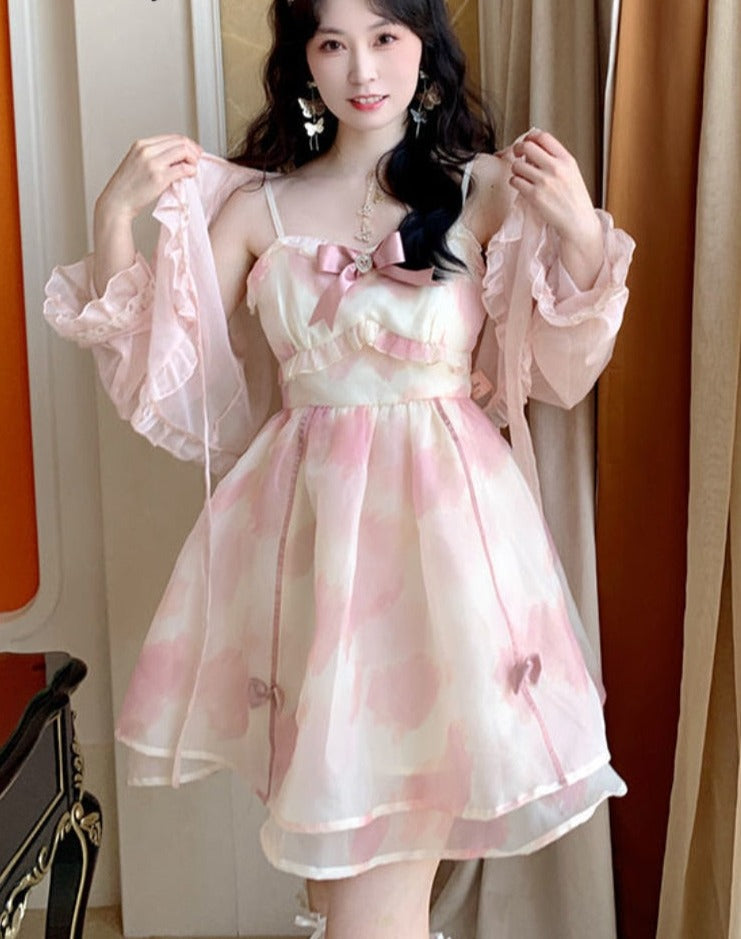 Summer Casual Bow Sweet Strap Ruffle Flounce Bandage Tulle Fairy Mini Hem Lace Mesh Princess Dress