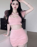 2pcs/set Summer Cross Midriff Sexy Women Korean Wrap Sweet Mini Skirt Set Elastic Skinny Fit Party Suit