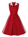 Red Color Block 50s Pinup Vintage Turn-Down Collar Button Up Sleeveless Summer Women Pleated Cotton Dress