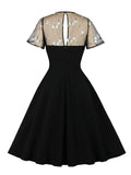 Floral Embroidered Mesh Patchwork Vintage Swing Dresses Bow Neck Elegant Women Party Summer A-Line Pockets Dress