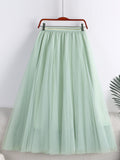 Spring Summer Women Elastic High Waist A Line Tulle Solid Casual Big Swing Mesh Midi Skirt