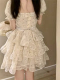 Elegant Sweet White Korean Mini Princess Summer Retro Square Collar Cascading Ruffles Puff Sleeve Fluffy Dress