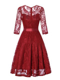 Elegant Lace Dress Women for Party Vintage Clothes 3/4 Length Sleeve Belted A-Line Ladies Swing Dresses