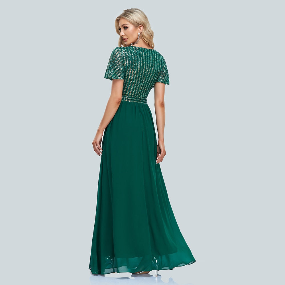 New Women Green Evening Dresses Elegant V-Neck Sequins Chiffon Formal Gown Robe Vestidos Dress