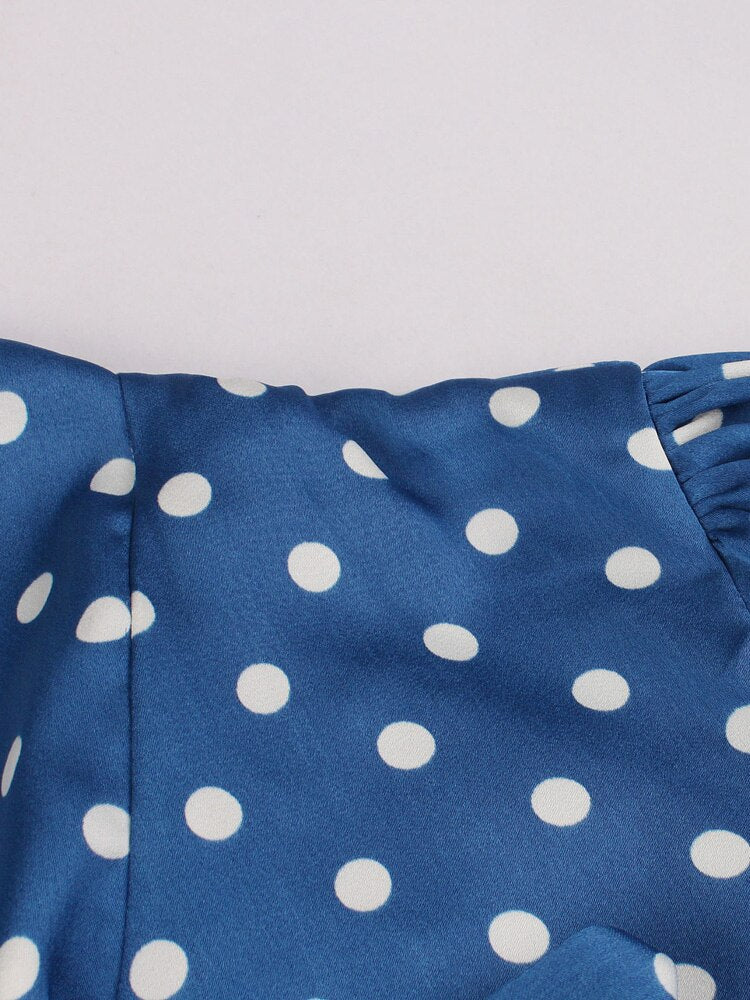 Tie Neck Button Up Elegant Silky Blue Shirts Women 50s Vintage Polka Dot Top Femme Short Sleeve Blouses