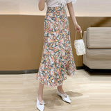 Women Chiffon Casual Summer Vintage Floral Print High Waist Ladies Elegant A-line Long Skirt