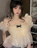 Summer Chiffon Bow Sweet Women Puff Sleeve Princess Korean Lace Fit Party Blouse