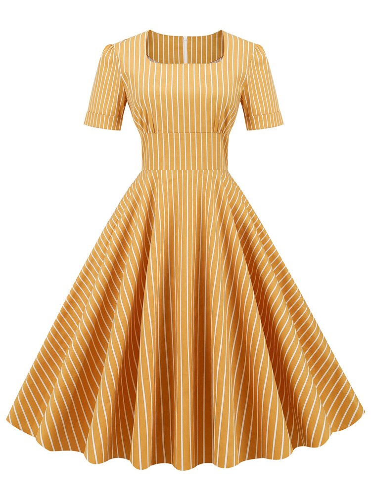 Square Neck High Waist Striped Vintage Midi Swing Cotton Elegant Women Pocket Dress