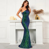 Women Sexy Slash Neck Party Maxi Dress One Shoulder Green Sequin Evening Dress Long Prom Dress