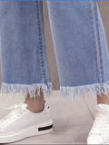 Women High Waisted Straight Nine-point Jeans Fringed Blue Loose Denim Trousers Elastic Waist Wide Leg Pants
