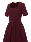 Square Neck Short Sleeve Solid Plain Vintage Pleated Dress Summer Elegant Women Belted Midi Length Retro Clothes