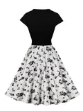 Black and Floral Print Belted Summer V-Neck Dress Elegant 50s Festival Outfit Women A-Line Swing Dresses