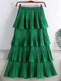 Elastic High Waist Solid Casual Pleated Skirt Elegant Ruffle Tiered Midi Skirt