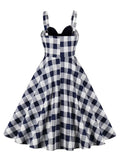 V-Neck Bow Front Gingham and Navy 50s Rockabilly Dresses 95% Cotton for Women Spaghetti Strap Summer Cocktail Party Dress