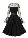 V-Neck Sweetheart Women Floral Flocking Mesh Long Sleeve Dresses High Waist Vintage Autumn Black Sexy Party Dress