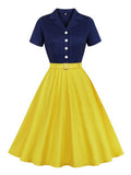 Navy Blue and Yellow Button Up Cotton Summer Elegant Dress Women Notched Collar Belted Rockabilly Vintage Midi Dresses