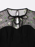 Floral Embroidered Mesh Patchwork Vintage Ladies Dresses Summer Women Tie Neck Office Bodycon Party Elegant Dress