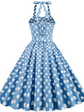 Robes De Cocktail Vintage Dress Halter Cotton Polka Dot Print Blue Short Party Sundress 50s 60s Retro Pin Up Rockabilly Dresses