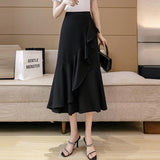 Ladies Elegant A-line Mermaid Spring Korean Style All-match Ruffles Women High Waist Long Skirt