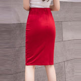 Office Lady High Waist Spring Fashion Single-breasted Solid Color Women Knee-length Pencil Skirt