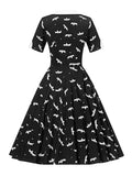 3XL 4XL Halloween Dresses Women Contrast Collar Button Front Bat Print Ladies Party Vintage Black Midi Dresses