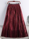 Spring Women Metallic Pleated Skirt Elastic High Waist Elegant Vintage Midi Skirt