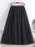 Spring Summer Women Elastic High Waist A Line Tulle Solid Casual Big Swing Mesh Midi Skirt