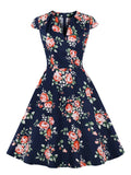 Floral 50s Vintage Rockabilly Cotton Women V-Neck Cap Sleeve Summer Evening Party Navy Blue Dress