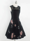 A Line Peony Floral Vintage Dress Women Contrast Lace Elegant Summer Ladies Dresses Retro Party Black